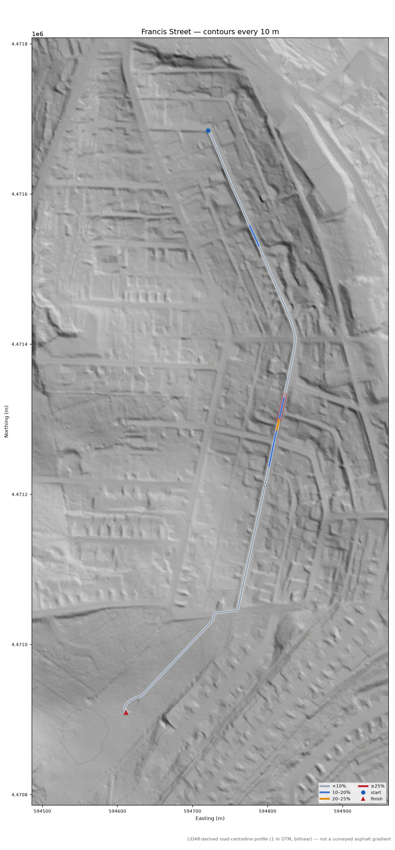 Francis Street LiDAR hillshade map with contours