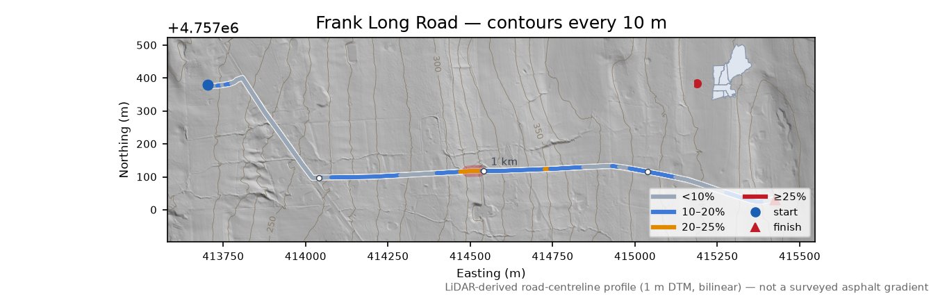 Frank Long Road LiDAR hillshade map with contours