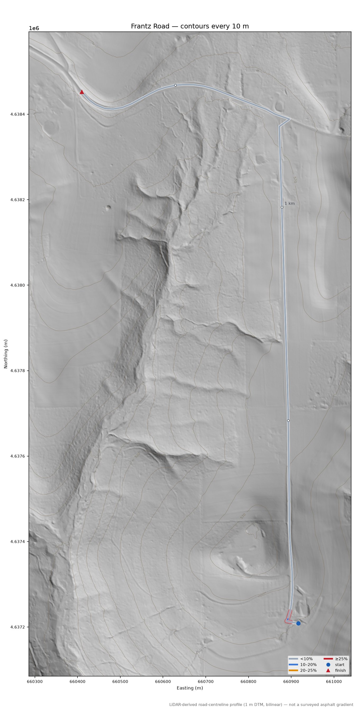 Frantz Road LiDAR hillshade map with contours