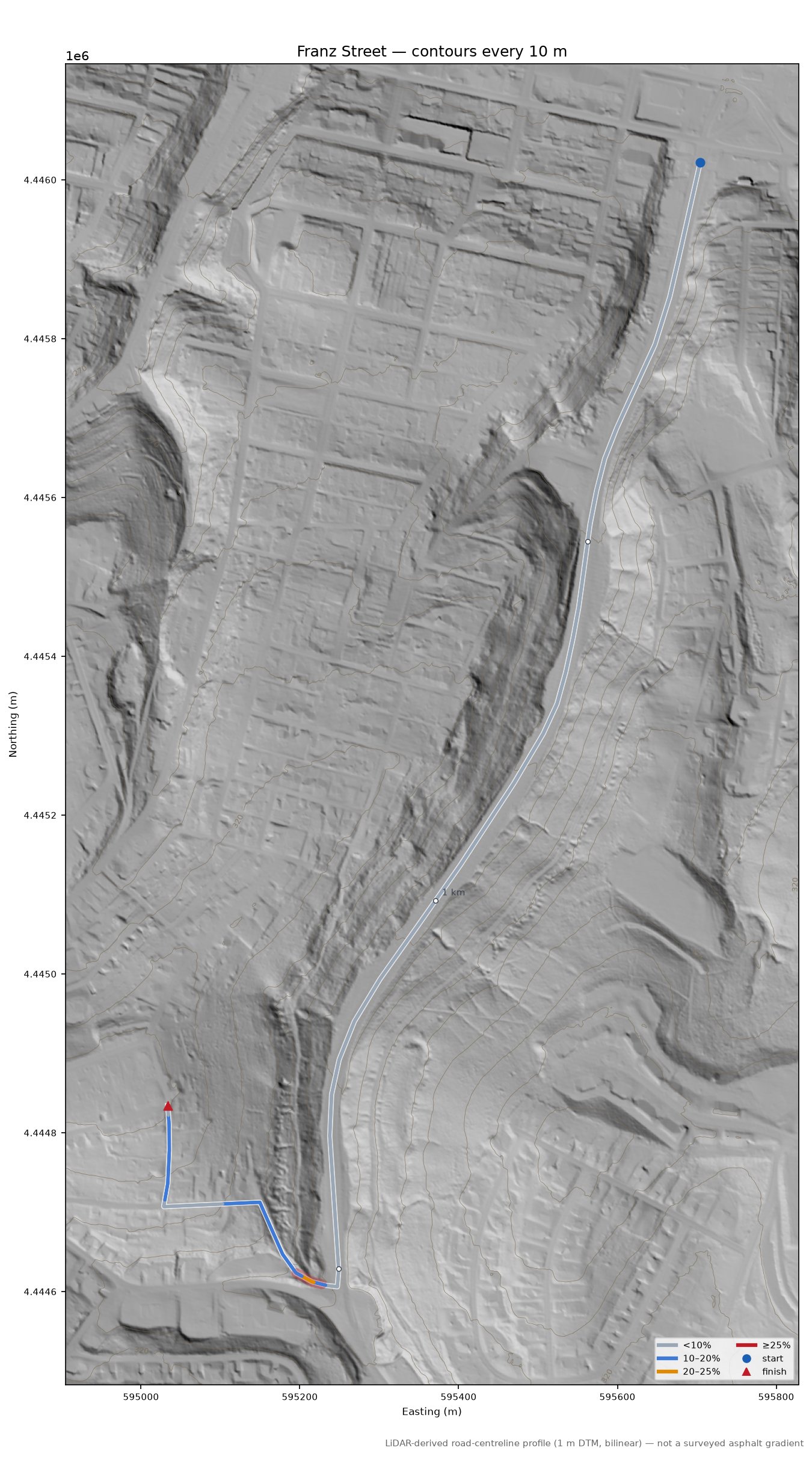 Franz Street LiDAR hillshade map with contours
