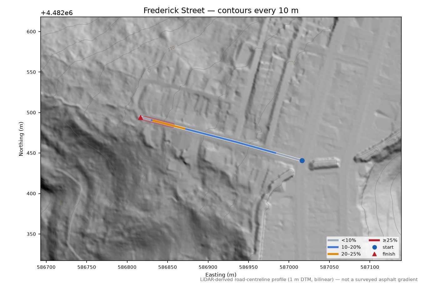 Frederick Street LiDAR hillshade map with contours