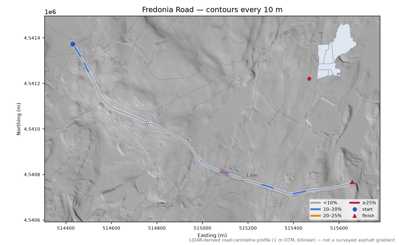 Fredonia Road LiDAR hillshade map with contours