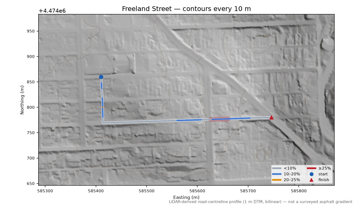 Freeland Street LiDAR hillshade map with contours