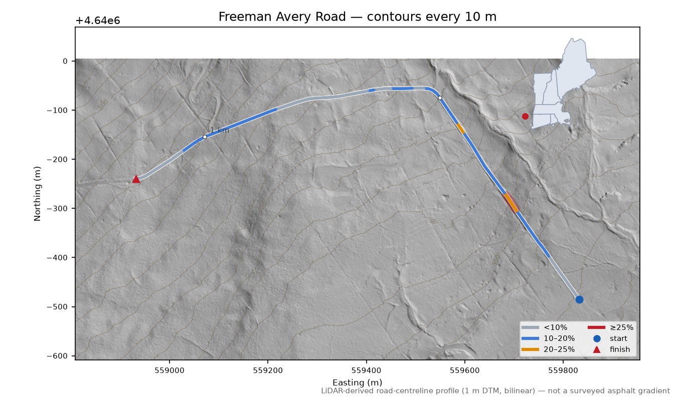 Freeman Avery Road LiDAR hillshade map with contours