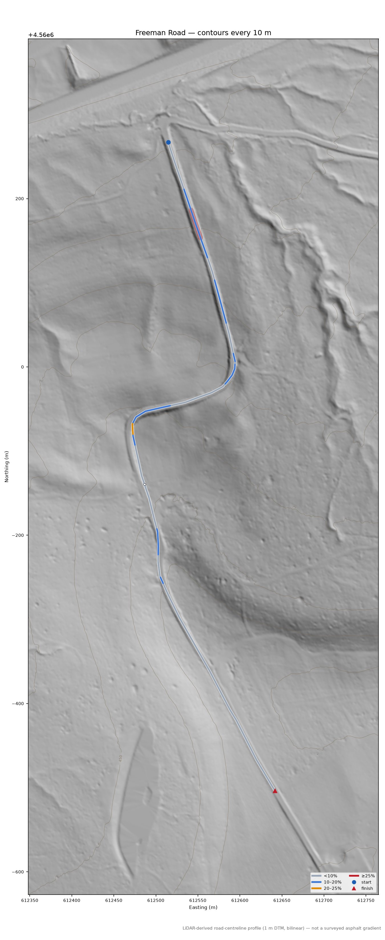 Freeman Road LiDAR hillshade map with contours