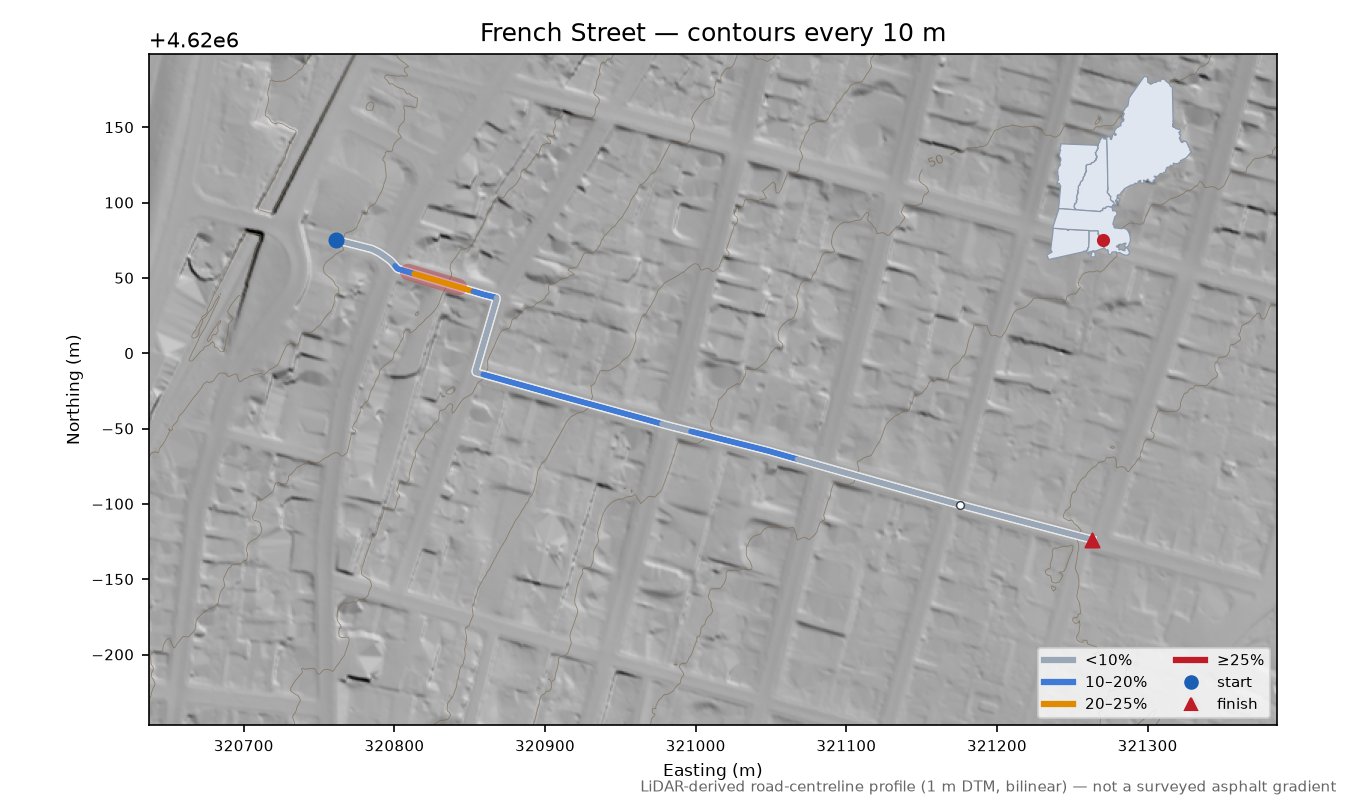 French Street LiDAR hillshade map with contours
