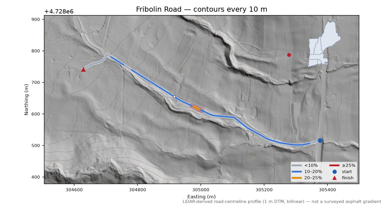 Fribolin Road LiDAR hillshade map with contours