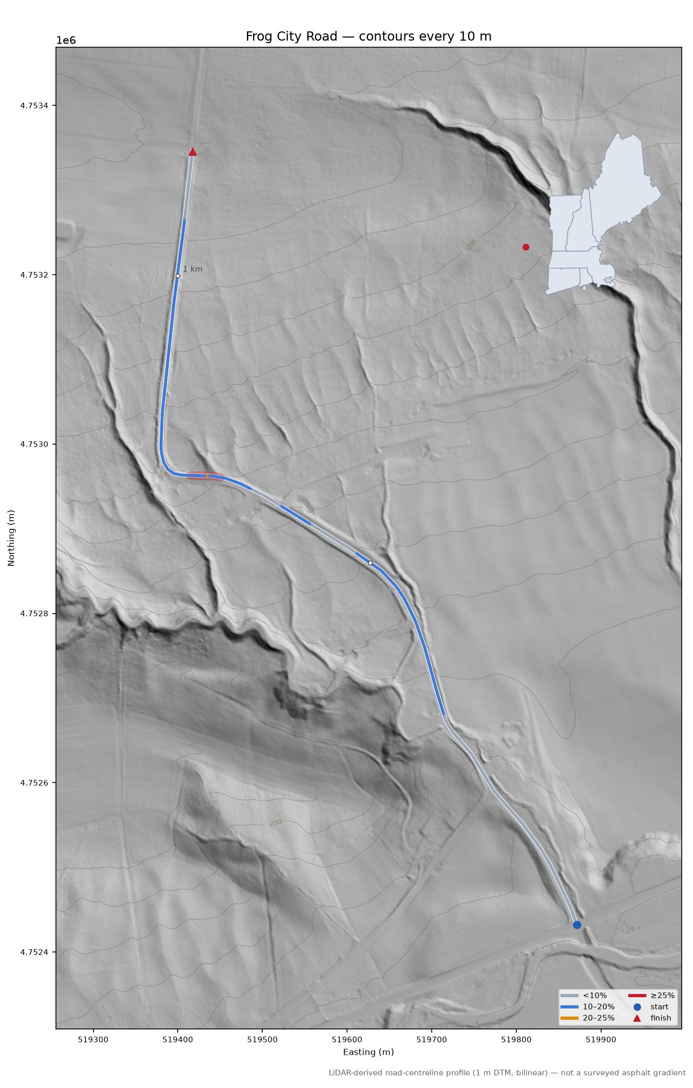 Frog City Road LiDAR hillshade map with contours