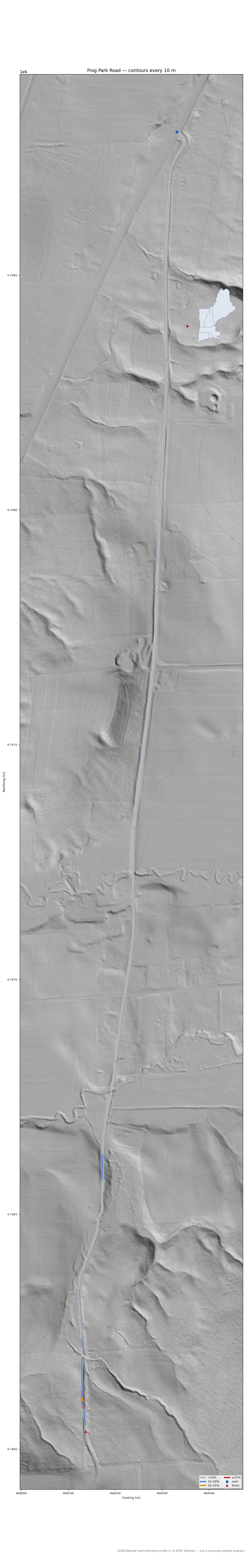 Frog Park Road LiDAR hillshade map with contours