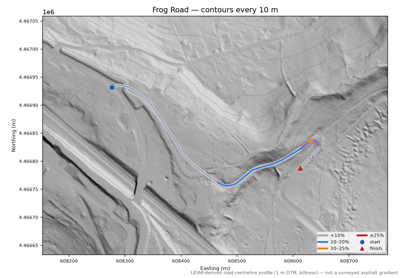 Frog Road LiDAR hillshade map with contours