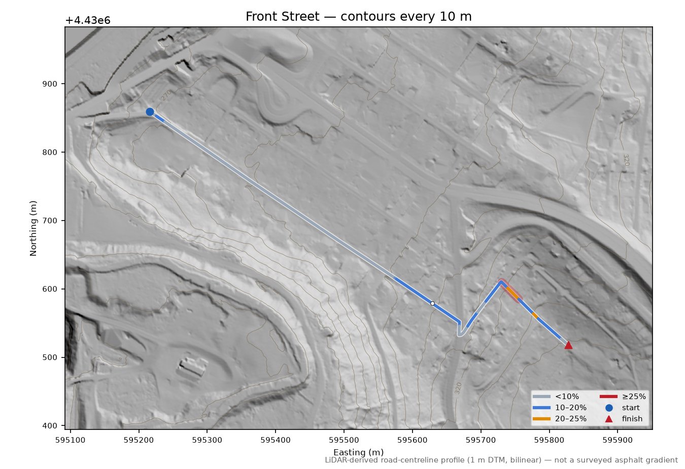 Front Street LiDAR hillshade map with contours