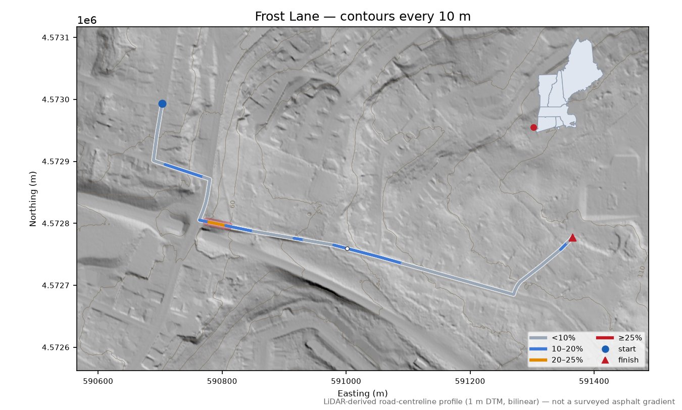 Frost Lane LiDAR hillshade map with contours
