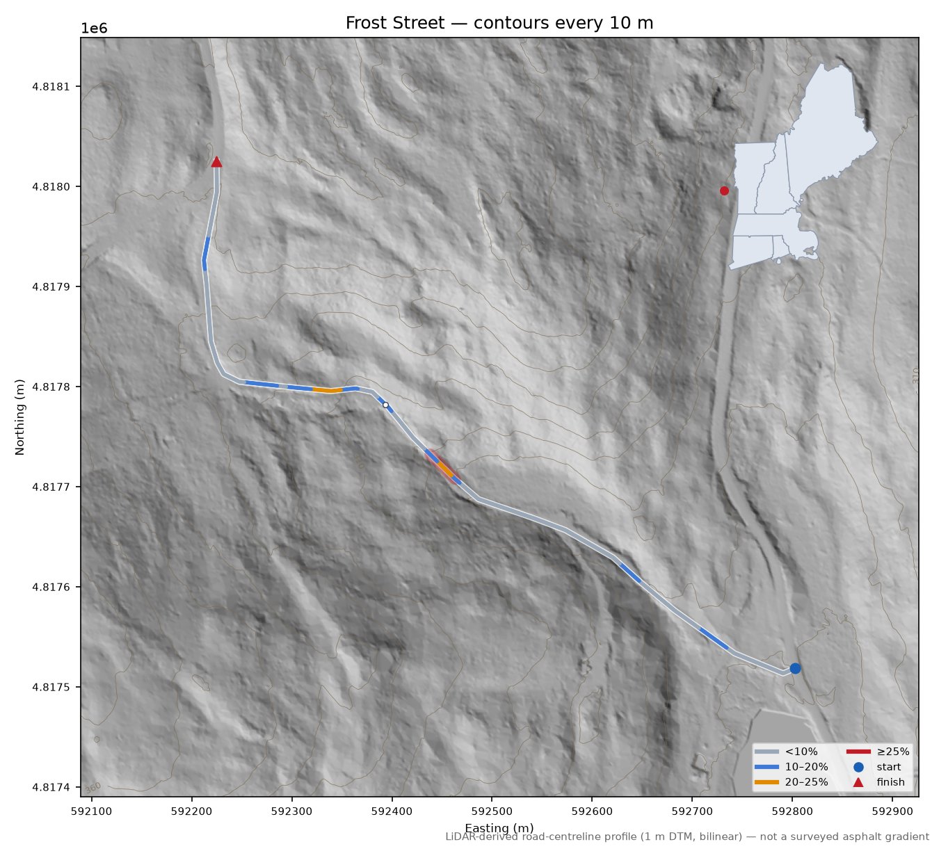 Frost Street LiDAR hillshade map with contours