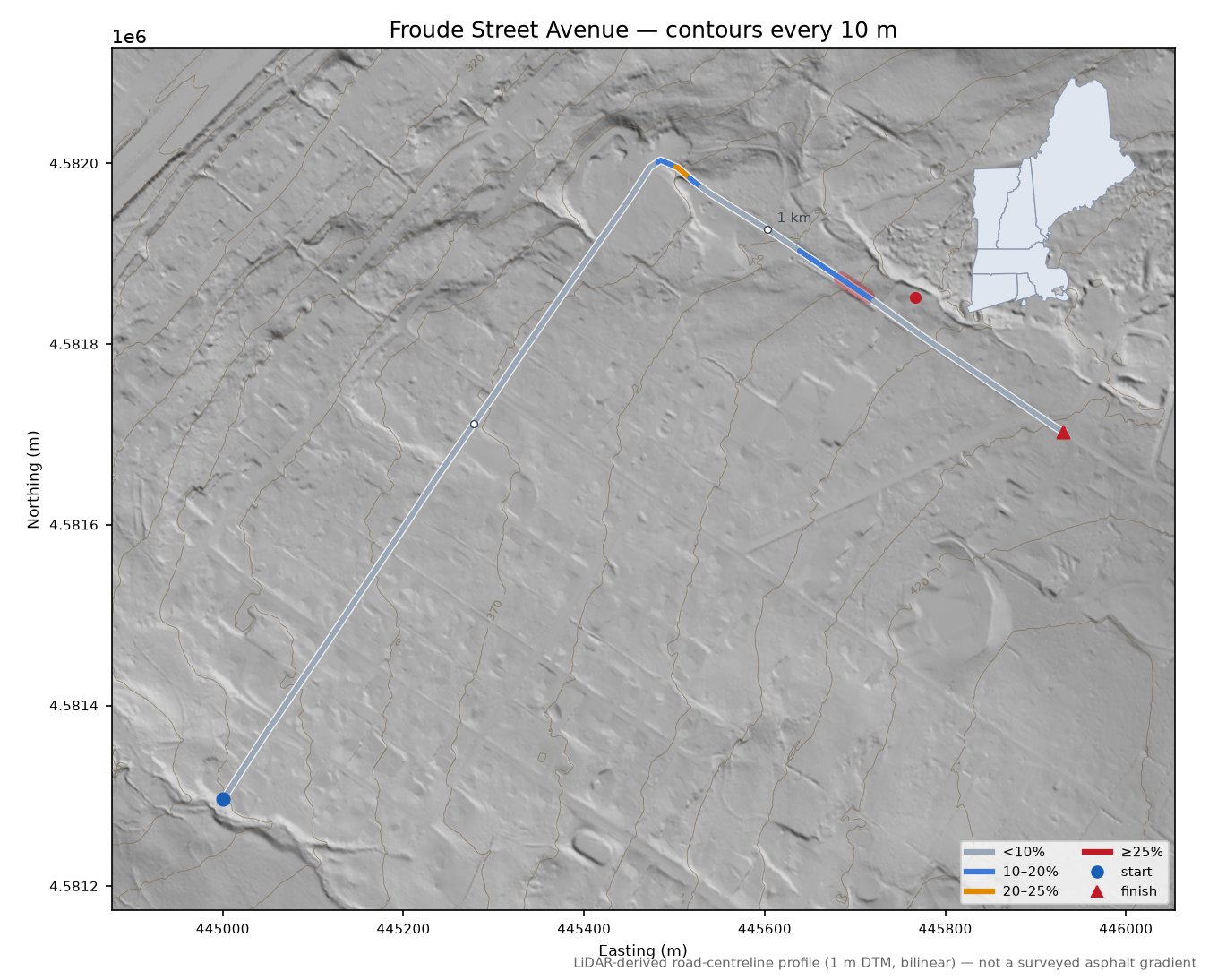 Froude Street Avenue LiDAR hillshade map with contours