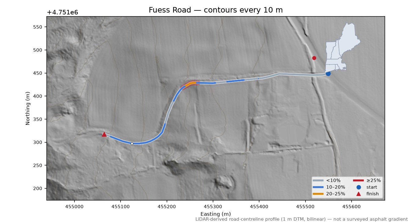 Fuess Road LiDAR hillshade map with contours