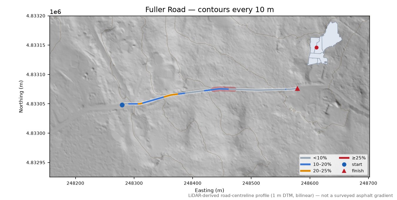 Fuller Road LiDAR hillshade map with contours