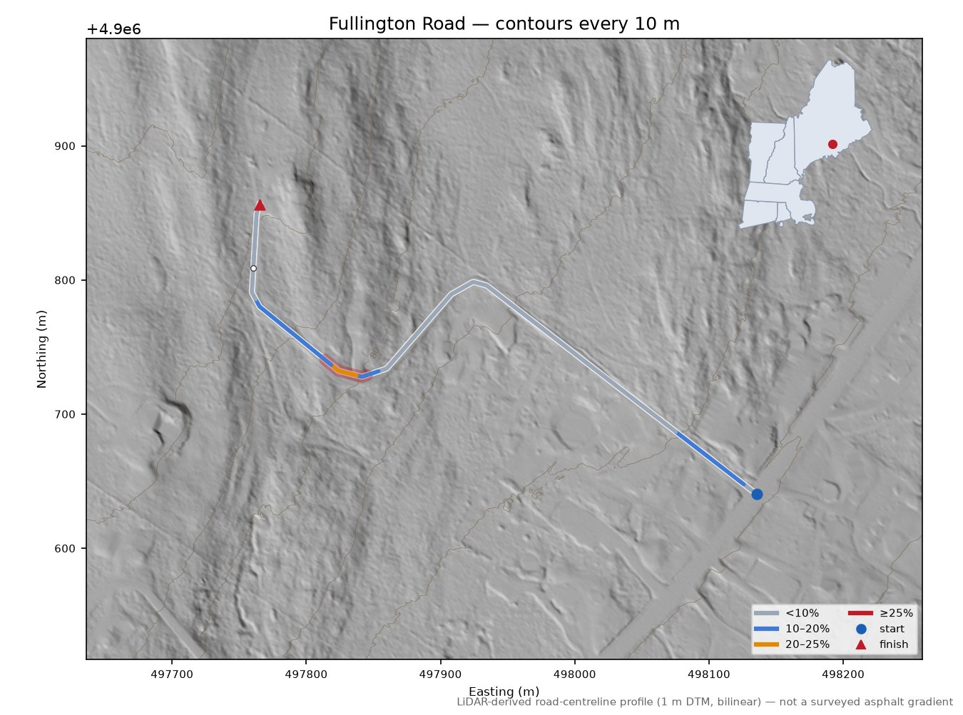 Fullington Road LiDAR hillshade map with contours