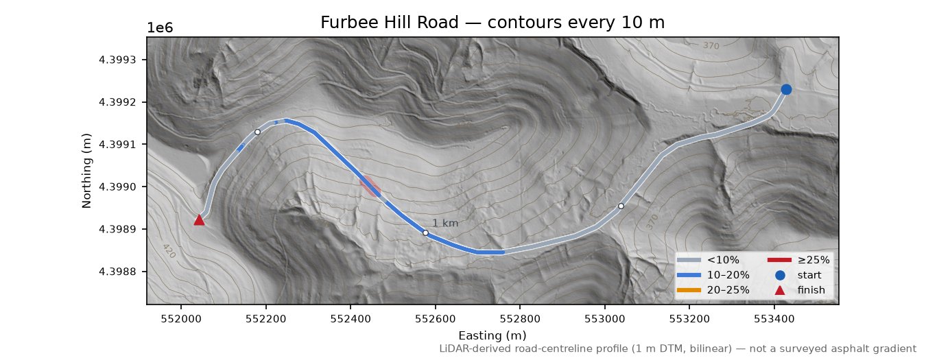 Furbee Hill Road LiDAR hillshade map with contours