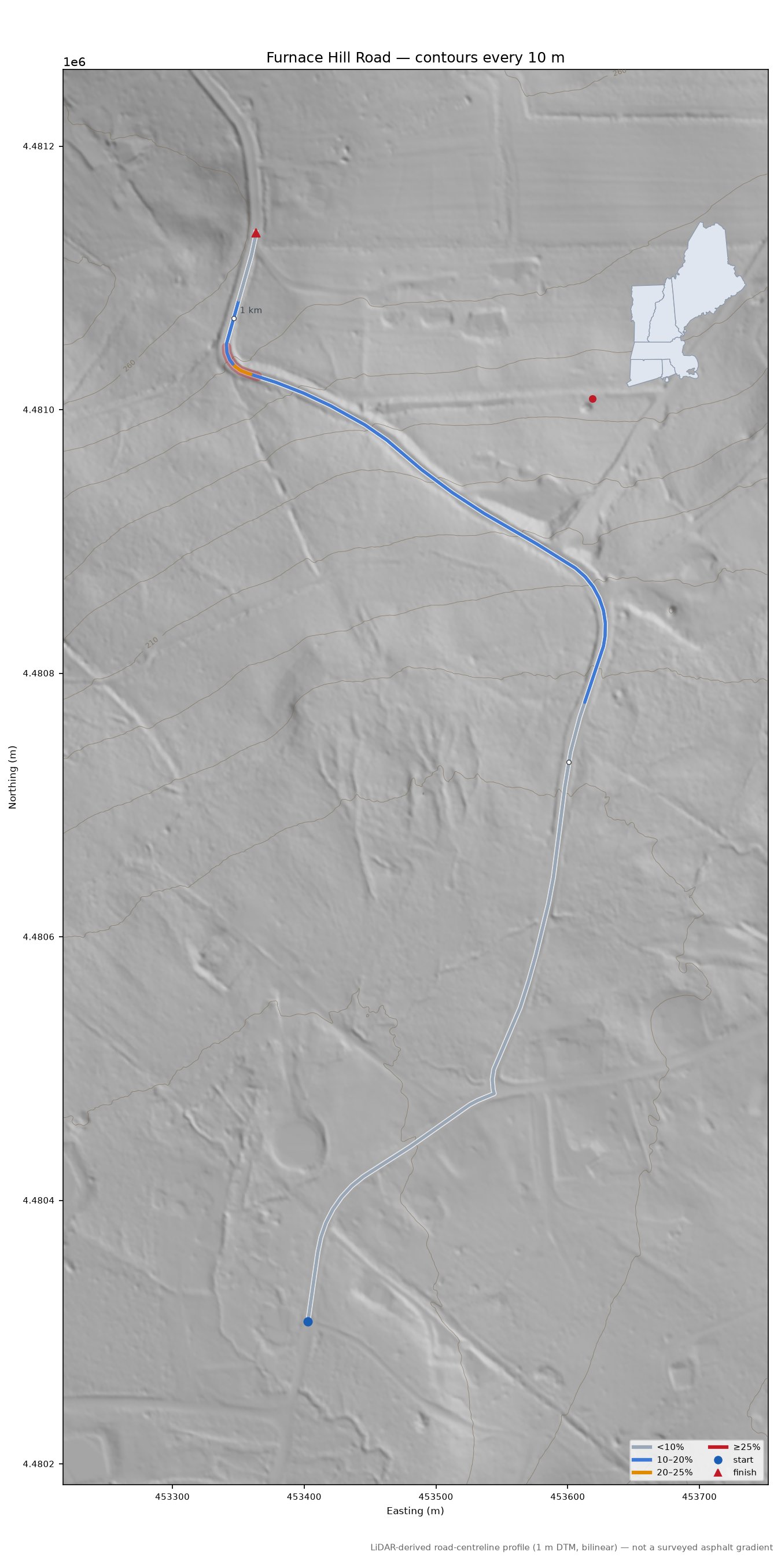 Furnace Hill Road LiDAR hillshade map with contours