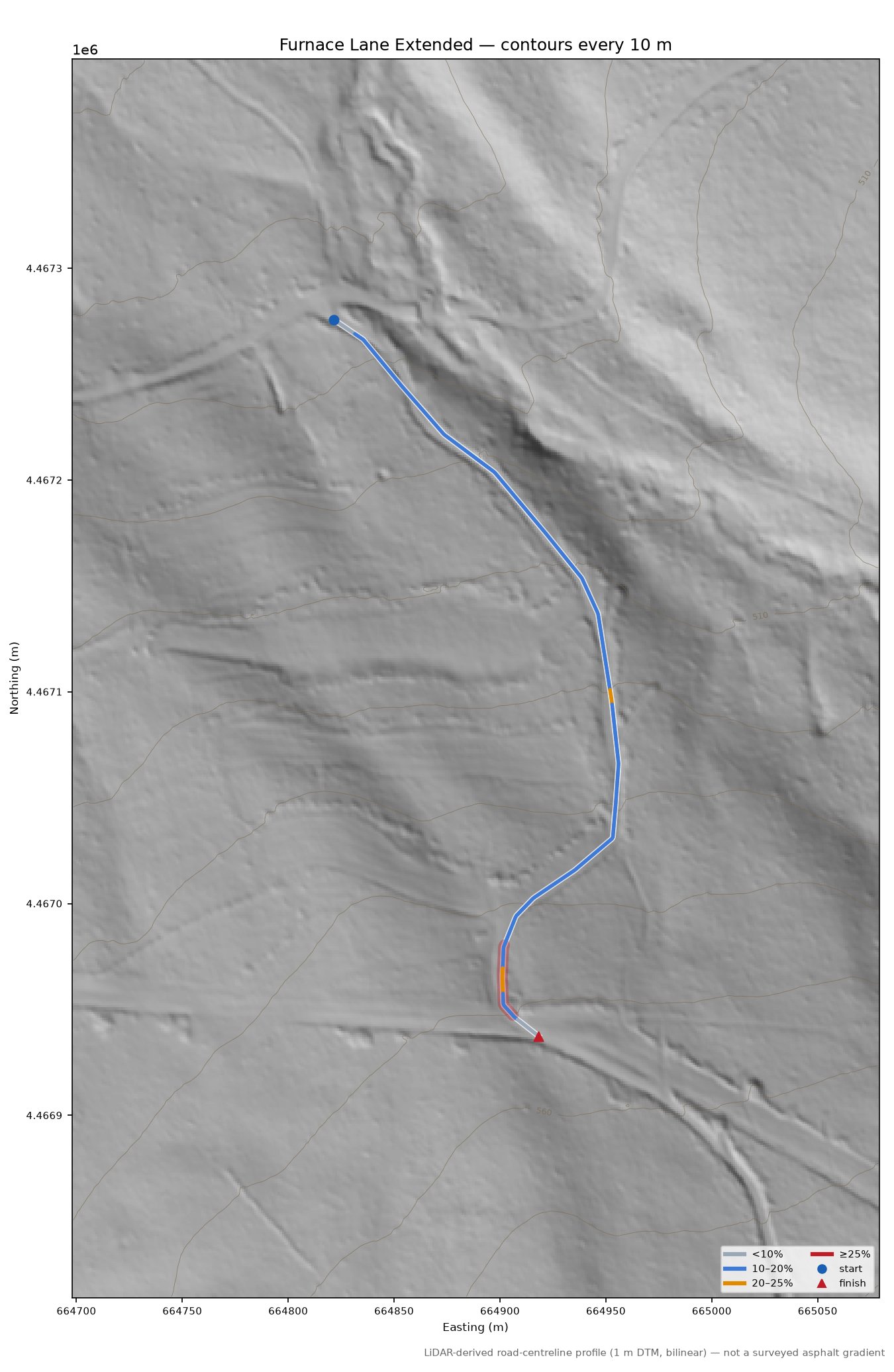 Furnace Lane Extended LiDAR hillshade map with contours