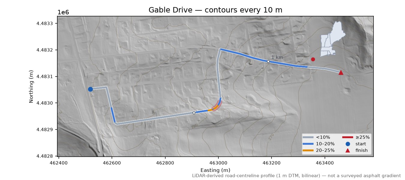 Gable Drive LiDAR hillshade map with contours