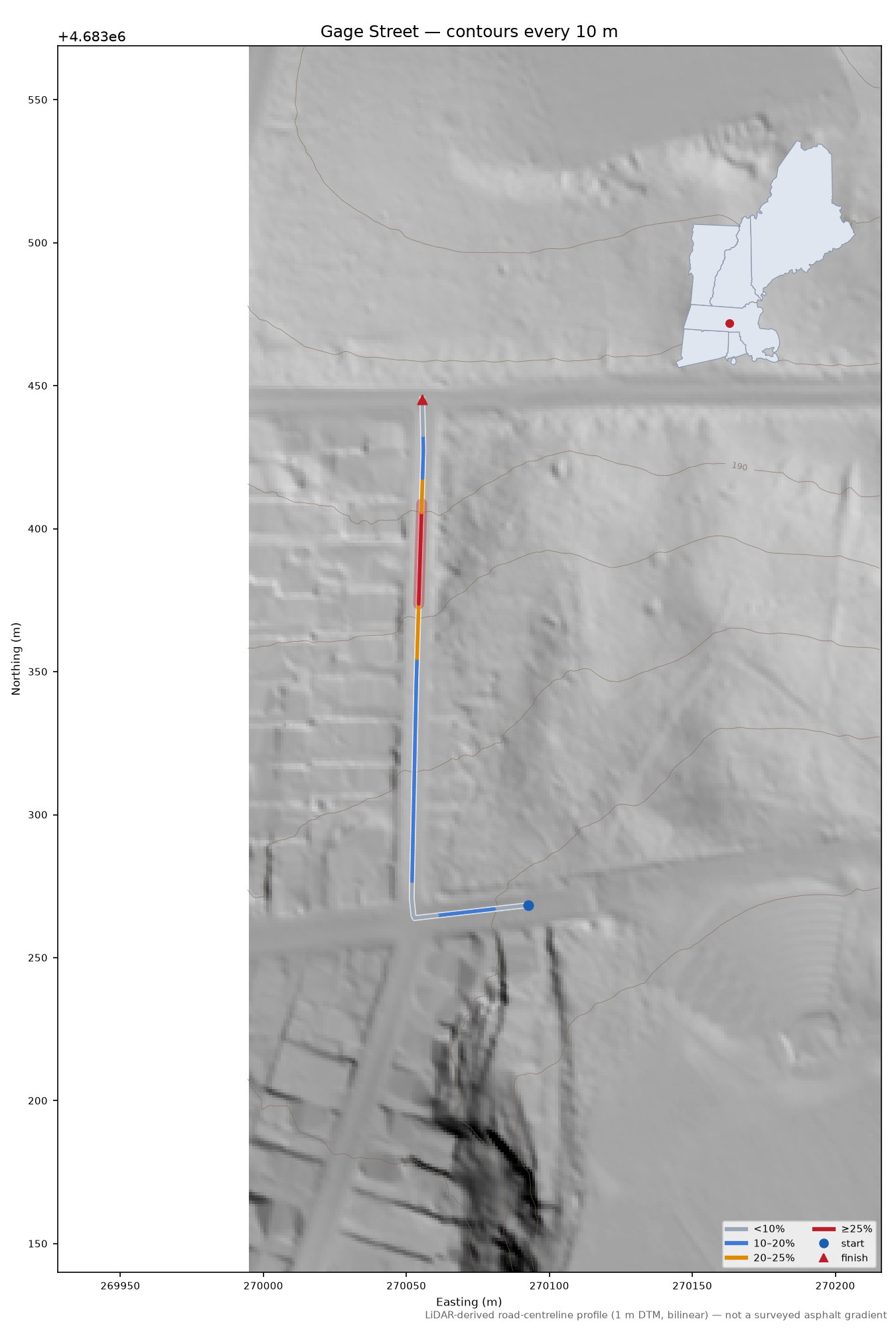 Gage Street LiDAR hillshade map with contours
