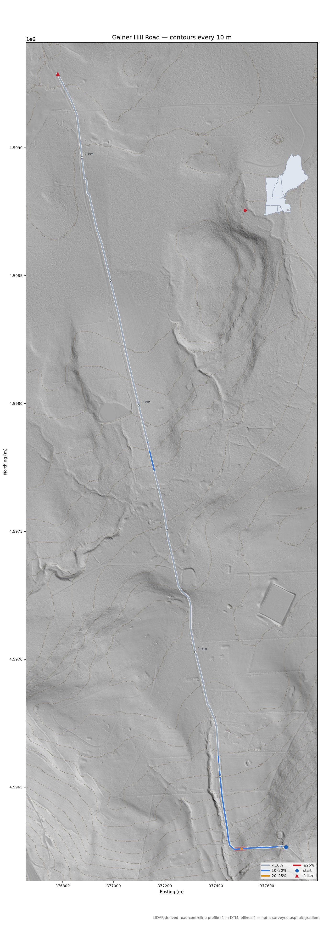 Gainer Hill Road LiDAR hillshade map with contours
