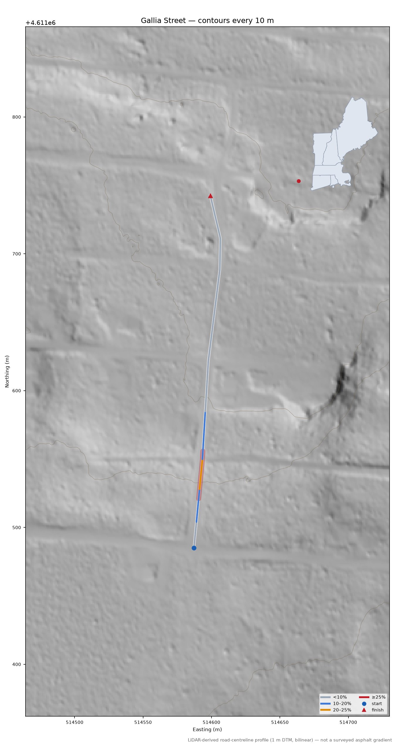 Gallia Street LiDAR hillshade map with contours