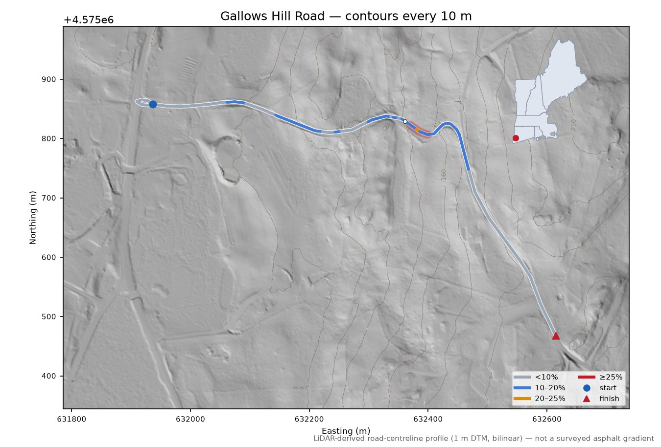 Gallows Hill Road LiDAR hillshade map with contours