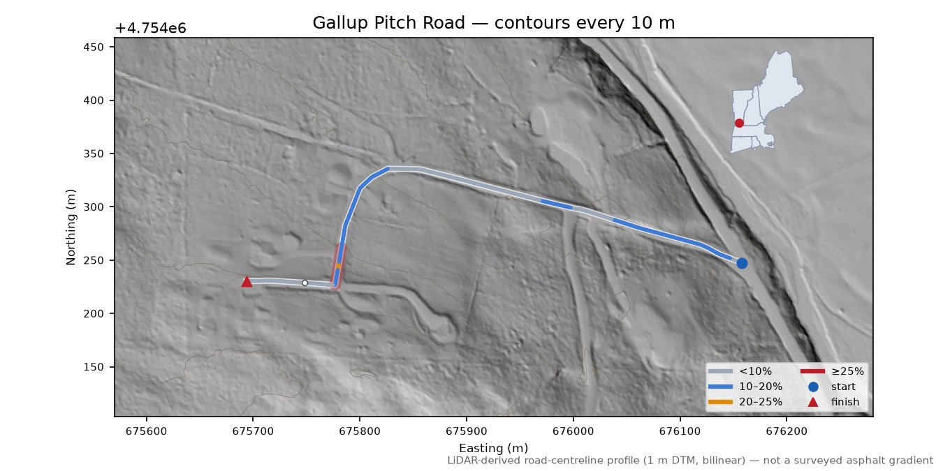 Gallup Pitch Road LiDAR hillshade map with contours