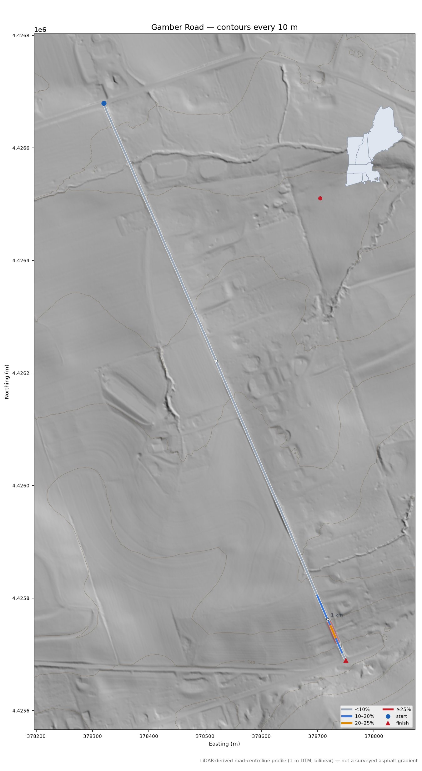 Gamber Road LiDAR hillshade map with contours
