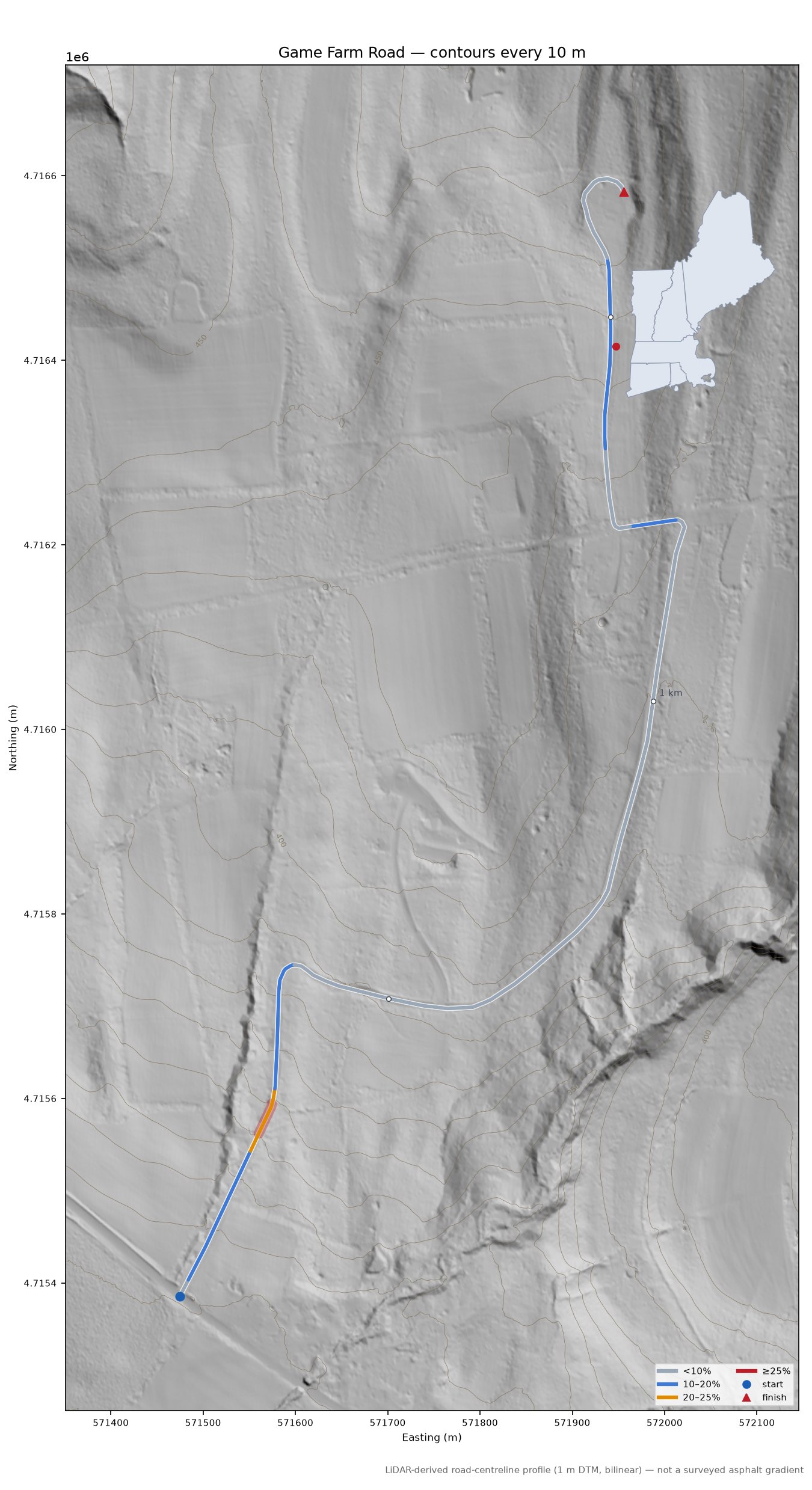Game Farm Road LiDAR hillshade map with contours