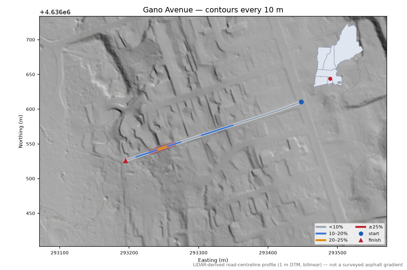 Gano Avenue LiDAR hillshade map with contours