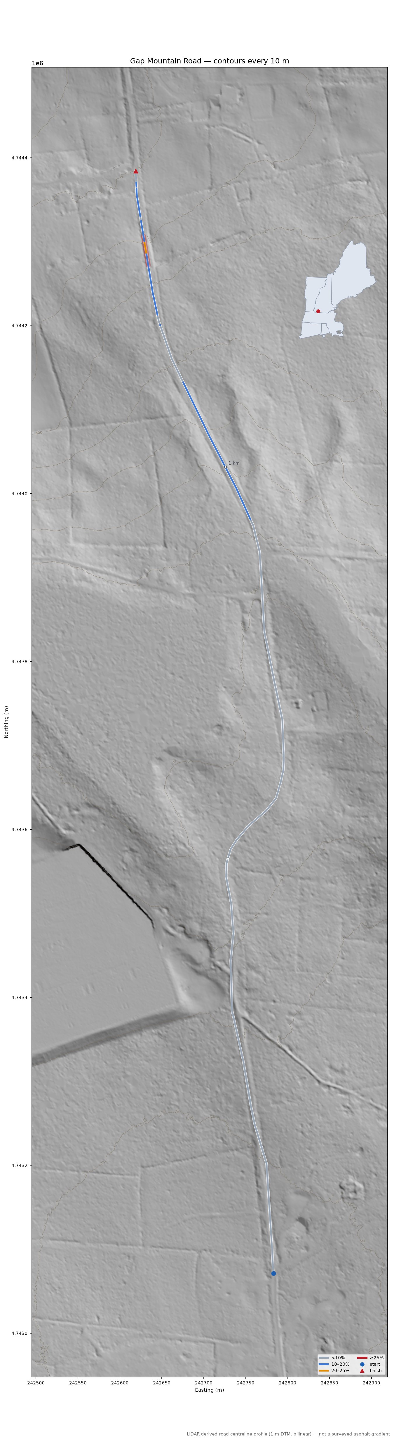 Gap Mountain Road LiDAR hillshade map with contours