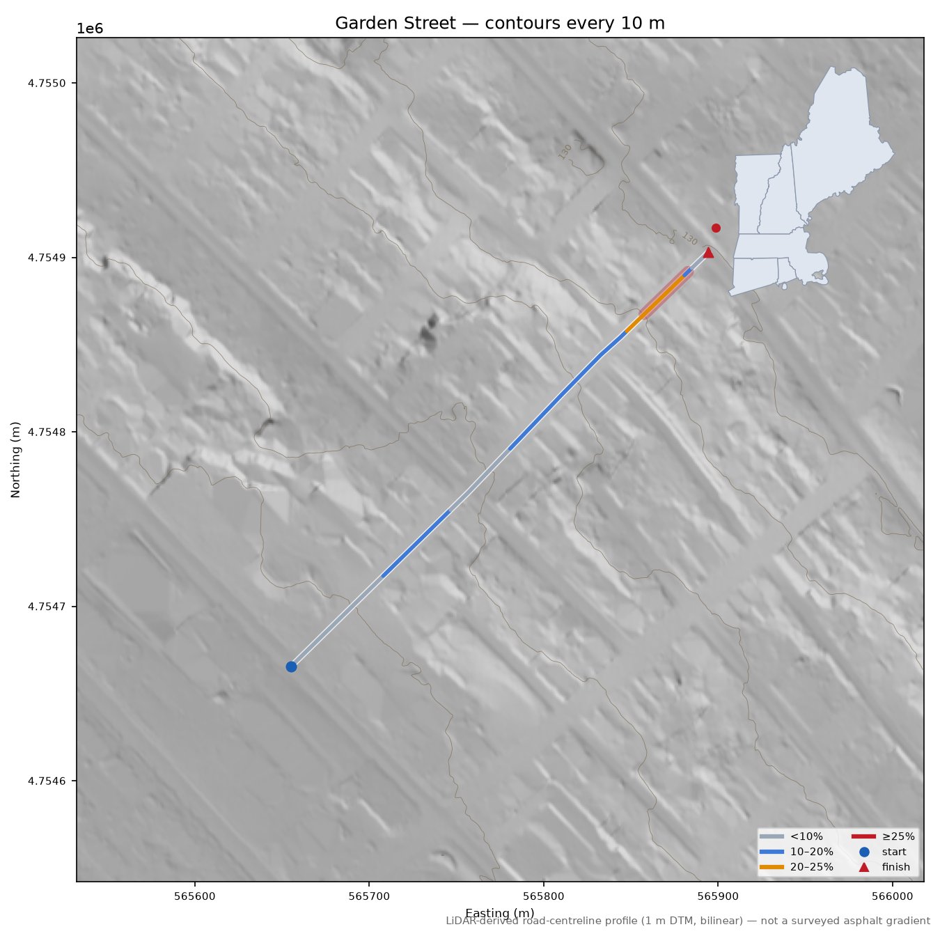 Garden Street LiDAR hillshade map with contours