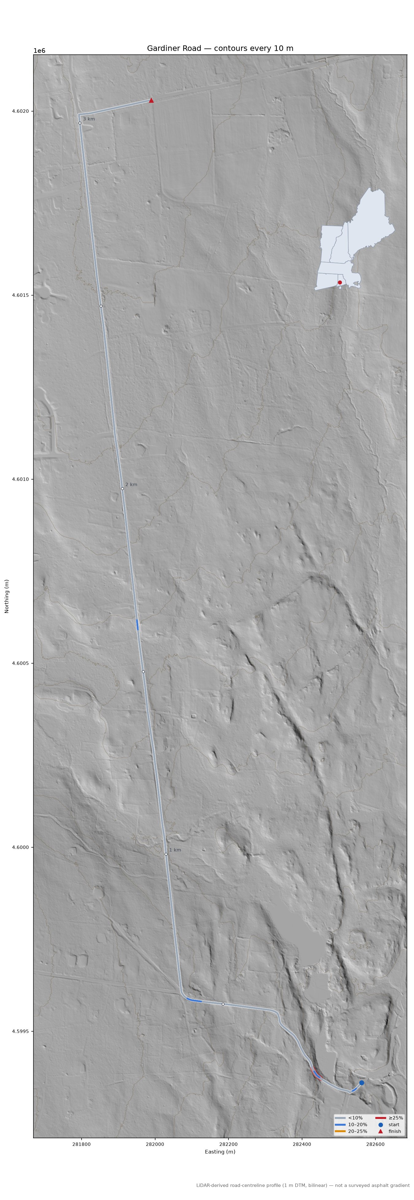 Gardiner Road LiDAR hillshade map with contours