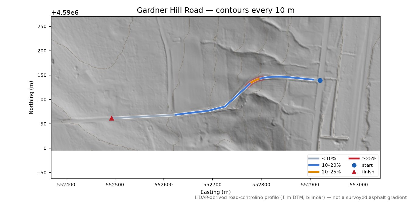 Gardner Hill Road LiDAR hillshade map with contours