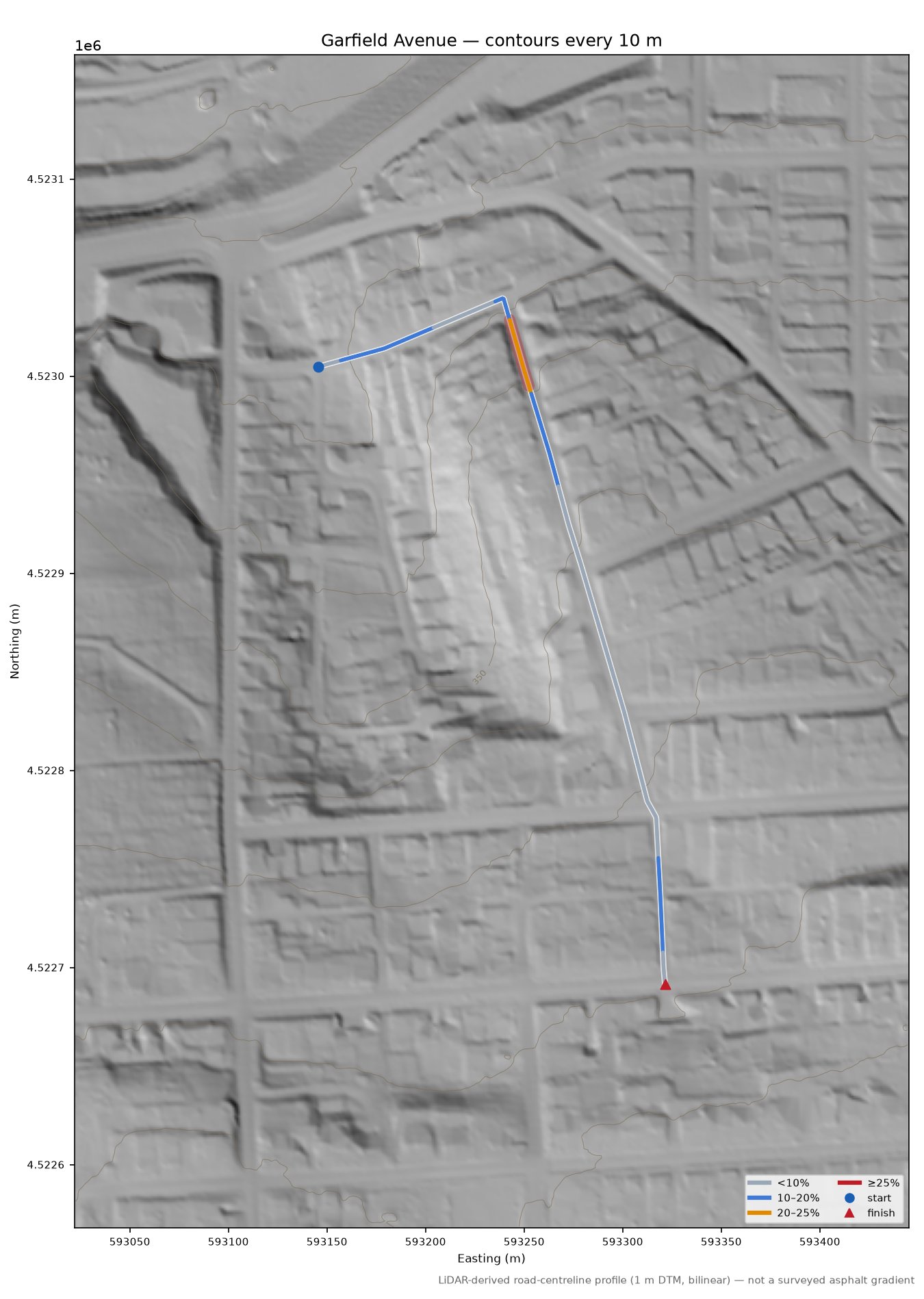 Garfield Avenue LiDAR hillshade map with contours