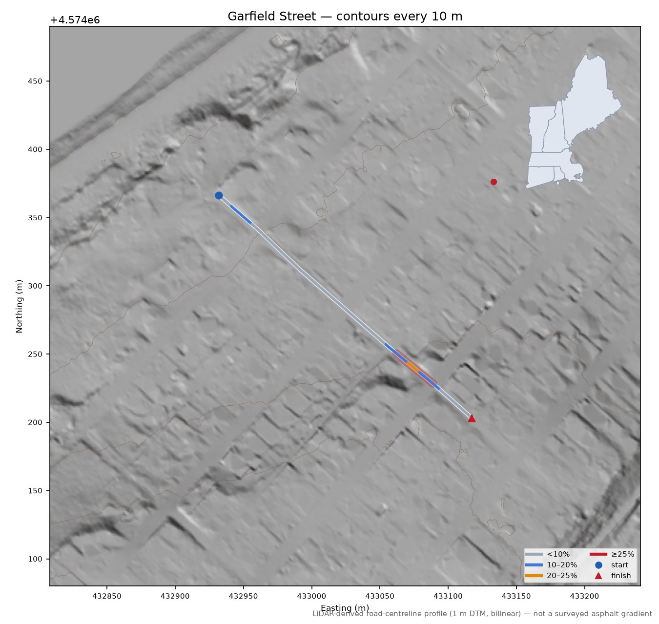 Garfield Street LiDAR hillshade map with contours