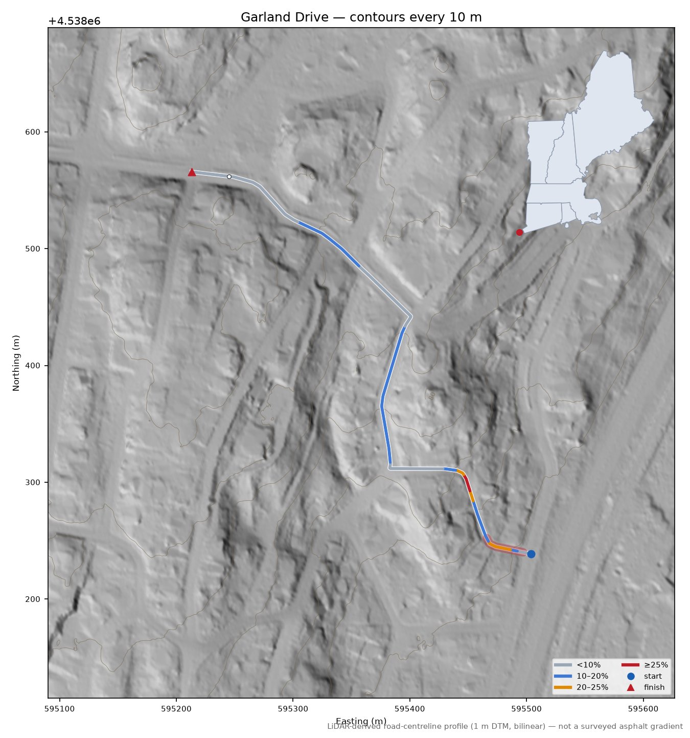 Garland Drive LiDAR hillshade map with contours