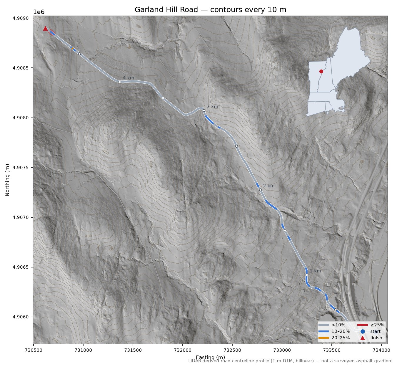 Garland Hill Road LiDAR hillshade map with contours
