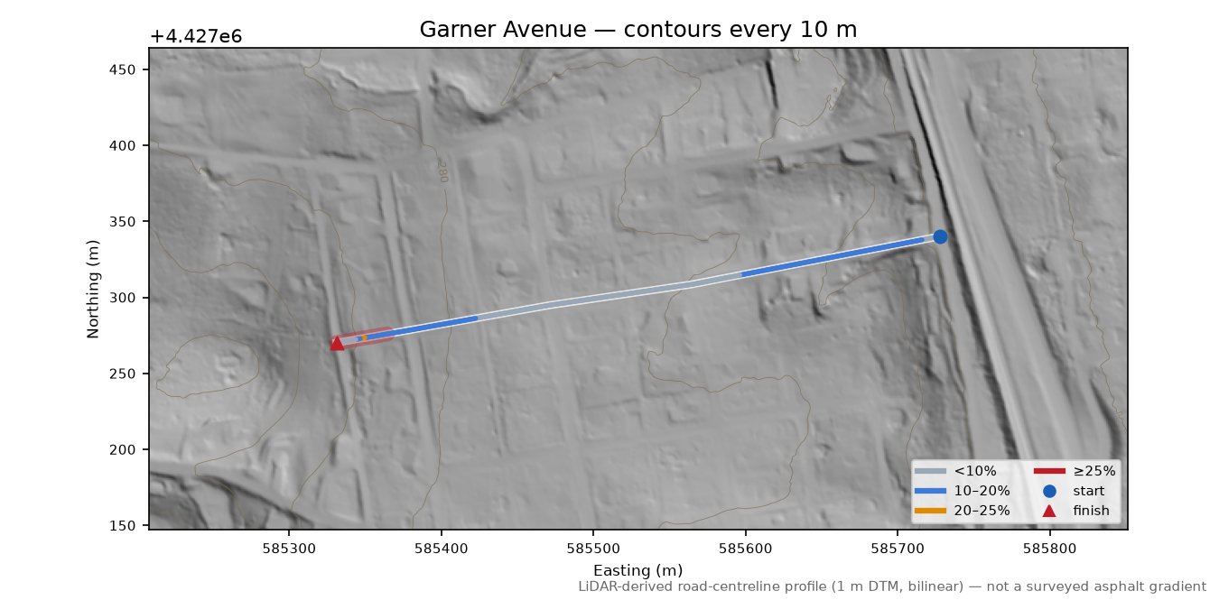 Garner Avenue LiDAR hillshade map with contours