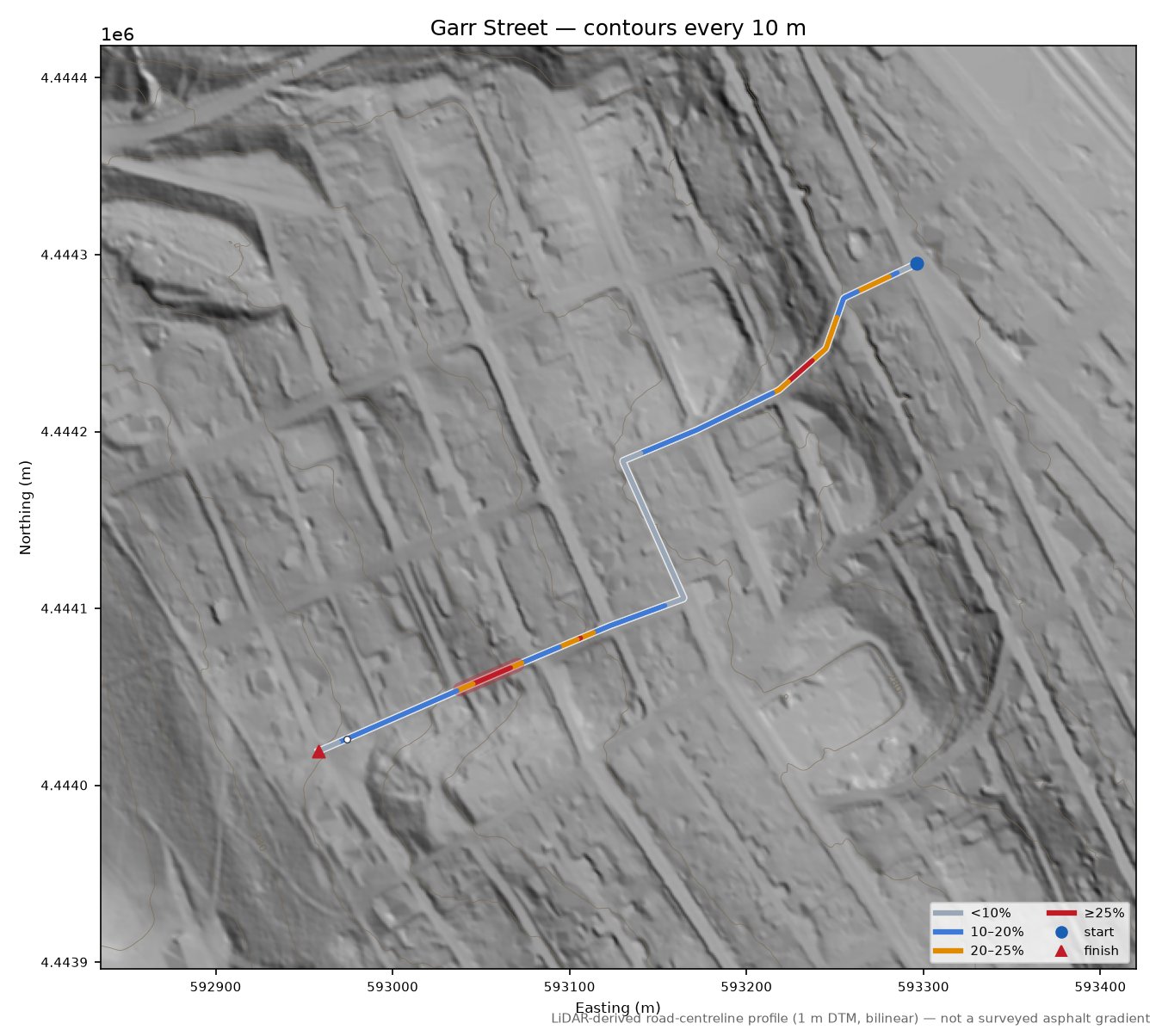 Garr Street LiDAR hillshade map with contours