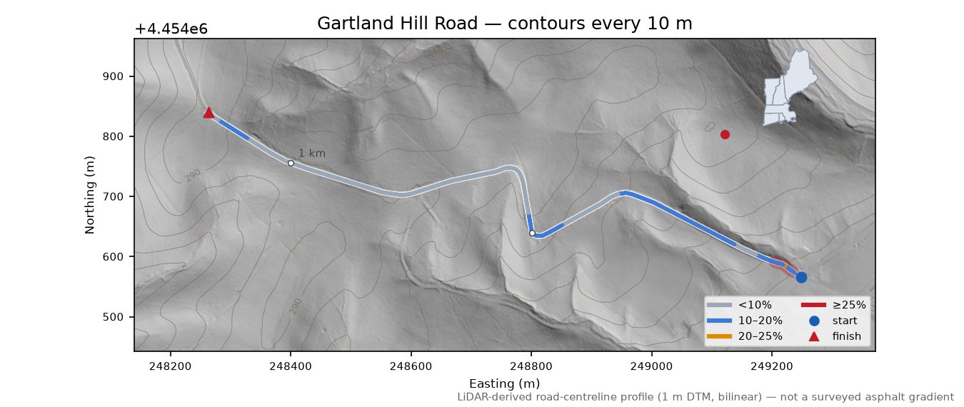 Gartland Hill Road LiDAR hillshade map with contours