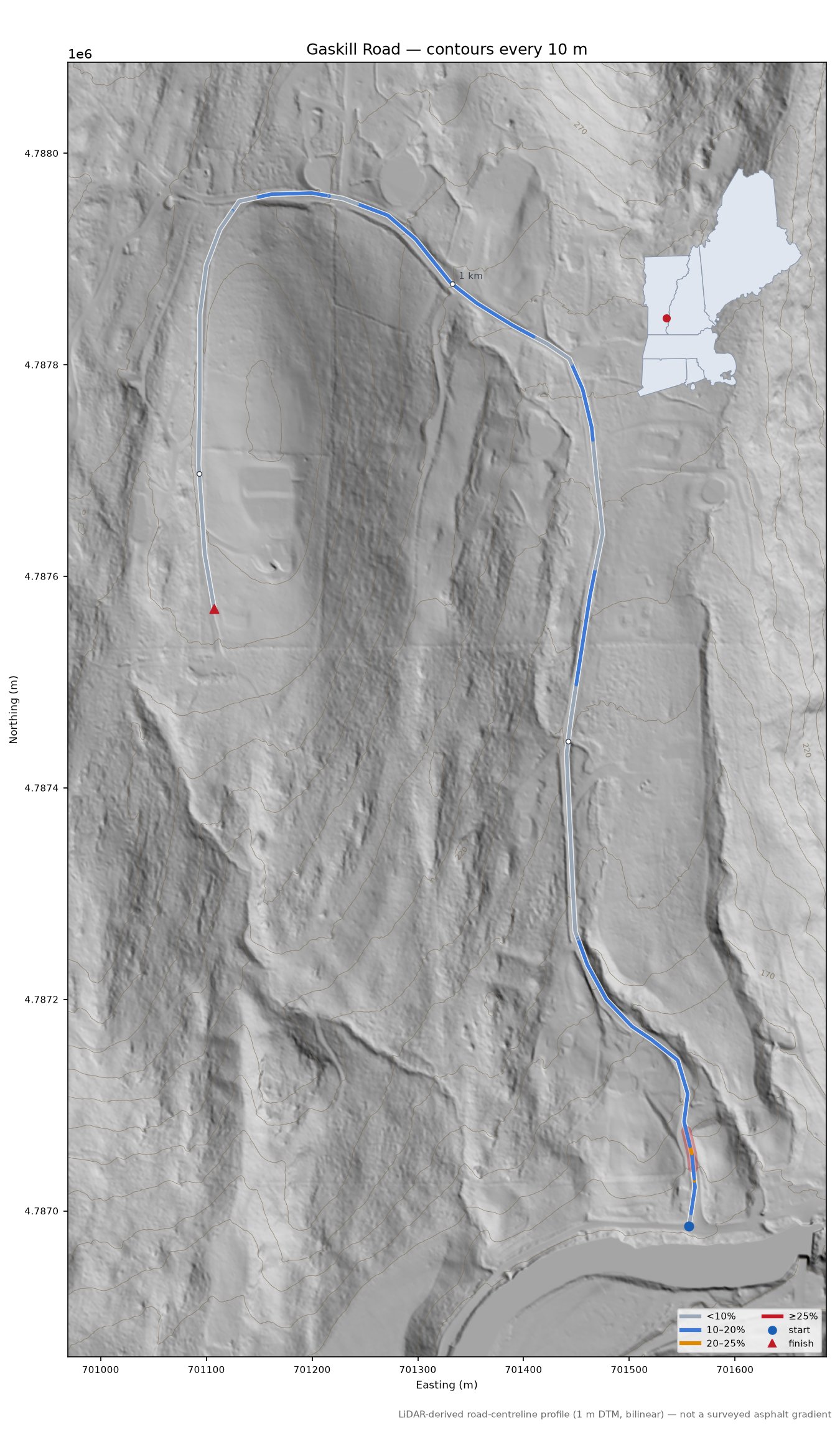 Gaskill Road LiDAR hillshade map with contours