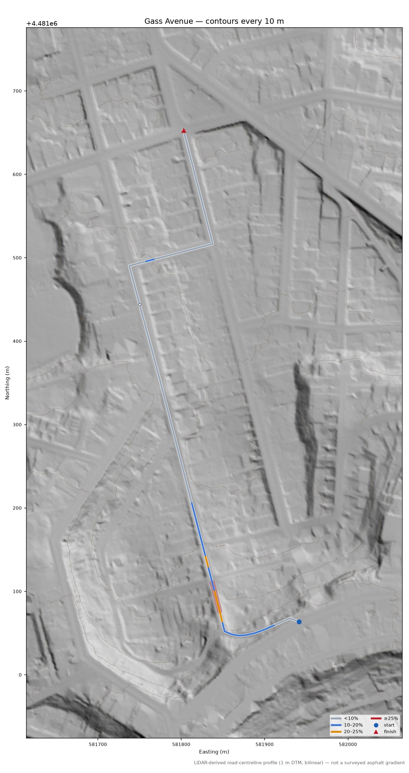 Gass Avenue LiDAR hillshade map with contours