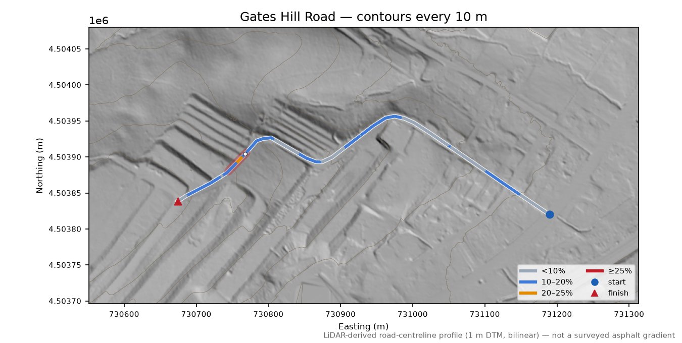 Gates Hill Road LiDAR hillshade map with contours