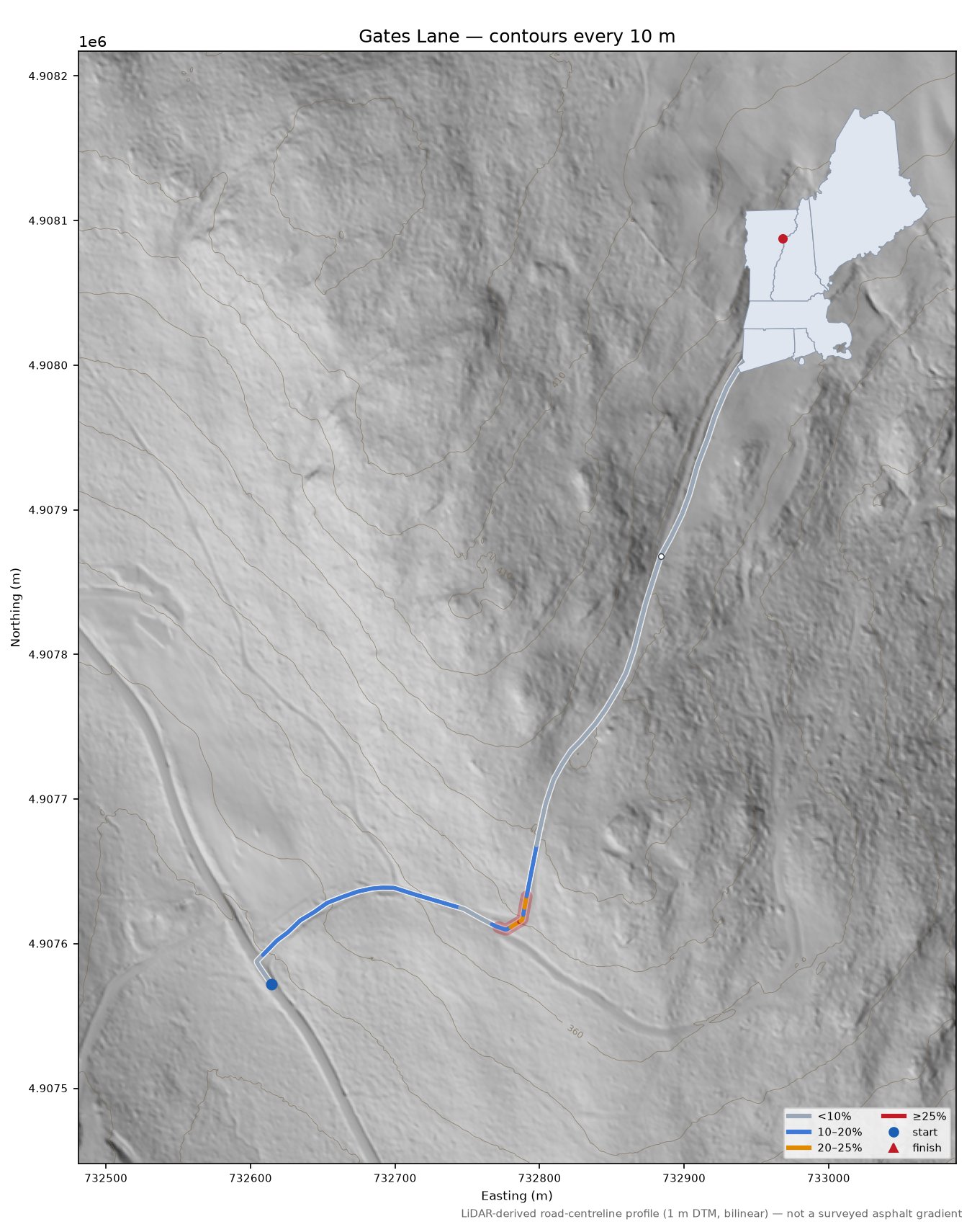 Gates Lane LiDAR hillshade map with contours