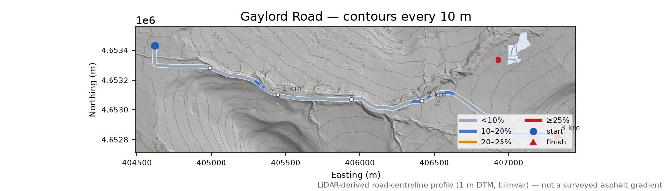 Gaylord Road LiDAR hillshade map with contours