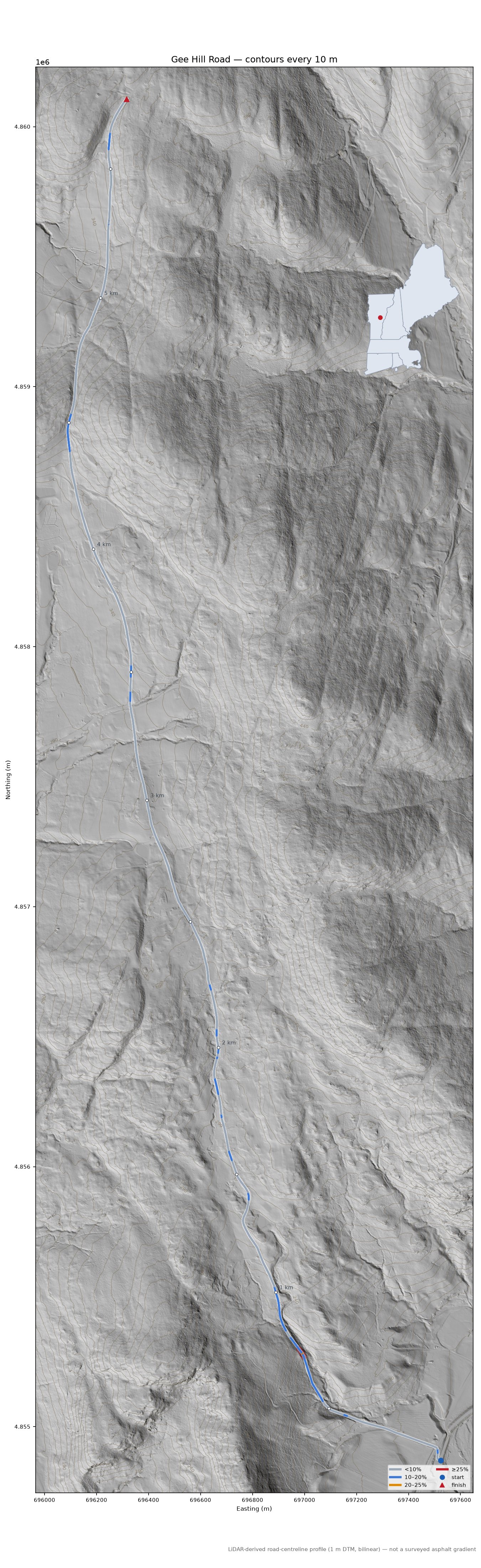 Gee Hill Road LiDAR hillshade map with contours